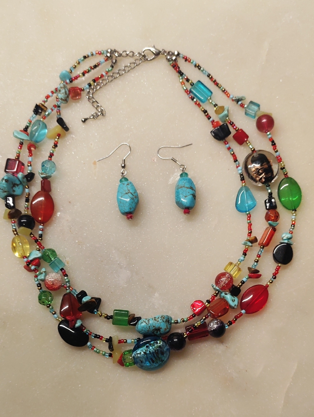 BOGO! Set Of Earrings & Turquoise Red/Multi Colorful 3 Strand Beaded Necklace